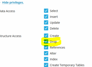Syntax error or access violation: 1142 DROP