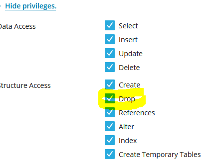 SQLSTATE[42000]: Syntax error or access violation: 1142 DROP command denied to user in Prestashop